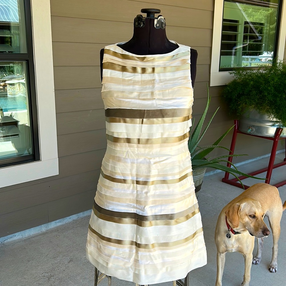 Beautifully lined, off-white with cream, ribbon and brown velvet ribbon